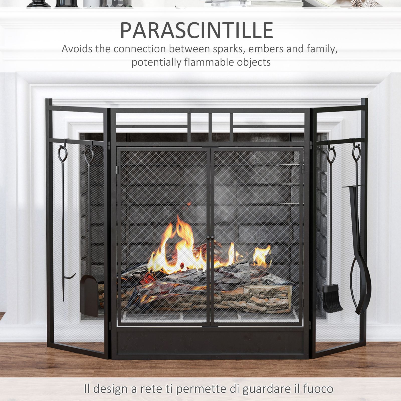 Kingson Parafuoco A 3 Pannelli In Ferro Battuto Nero, Schermo Pieghevole 102x54 Cm, Antiscintille E Sicuro Per Bambini E Animali, Per Camini E Stufe A Legna